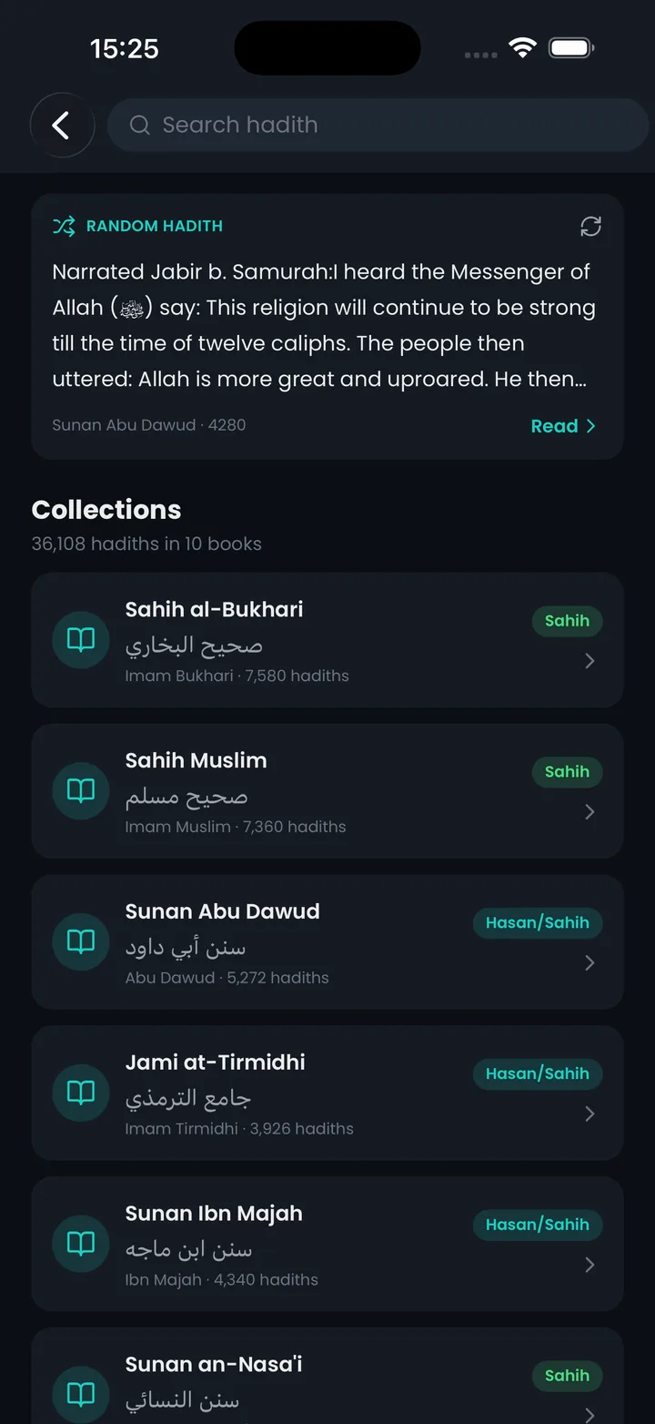 The hadith collections screen in dark theme, listing Sahih al-Bukhari, Sahih Muslim, Sunan Abu Dawud and others with their grades.