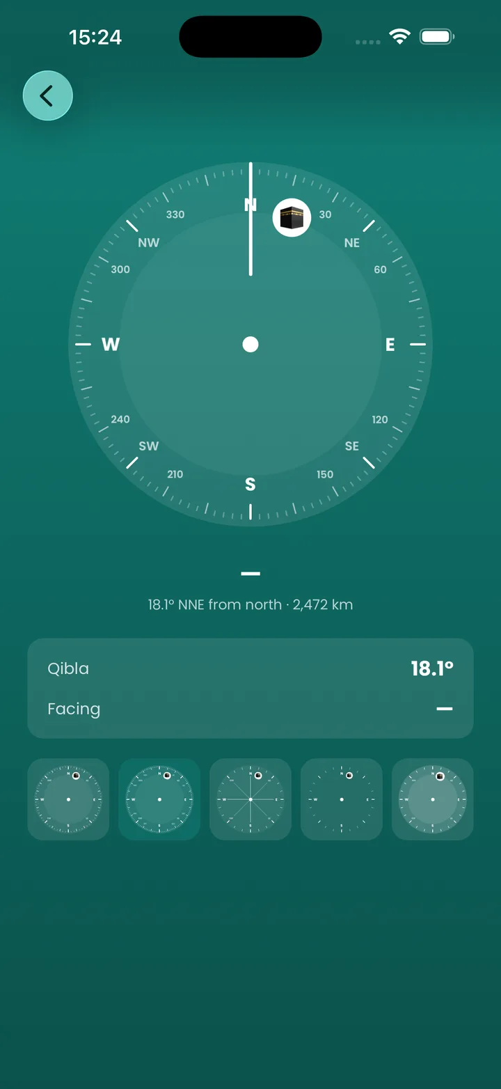 The qibla compass reading 18.1 degrees north-north-east and 2,472 km to the Kaaba, with five dial faces along the bottom.